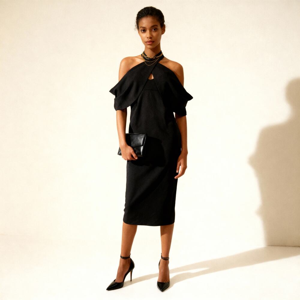 Club L London Draped Shoulder Halter Midi Dress Size Size 4 Black Cocktail Party